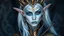 Placeholder: The image features a person with an elaborate makeup and costume that gives them an otherworldly appearance. They have pale skin, long white hair, and pointed ears. Their facial features are accentuated by gold and blue makeup, which includes intricate designs around their eyes and on their forehead. The individual is wearing a headdress with a spike-like design that adds to the fantastical look. They are also adorned in a costume with gold and blue elements, featuring what appears to be scales