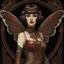 Placeholder: Full body, art nouveau woman with a bob with a fringe hairstyle, Cleopatra clothing, steampunk metal butterfly wings, red markings, black background