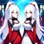 Placeholder: Clear focus, 8k, beautiful lighting, vibrant colors, girl, white hair, long hair, vibrant red eyes, ponytail, same twins, white hair, red eyes, same clothes, hair in between the eyes,