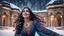 Placeholder: Hyper Realistic Photographic Low-Angle View Of A Beautiful Young Pashto Woman With Beautiful Eyes Lips & Nose (Wearing Beautiful Frock with Mandala Designs on it) (Her Beautiful Long Black Hair Whirling In Air) Happily Smiling & Dancing Alone Outside A Palace Under Heavy Snowfall Night Showing Dramatic & Cinematic Ambiance.