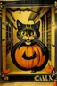 Placeholder: Vintage store front poster, Halloween, cat inside pumpkin