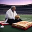 Placeholder: In the center of the frame, the Priest of the Red Redemption lies back against several soft, disheveled pillows in a desolate municipal baseball stadium during twilight. He holds a large, handmade, multi-layered sandwich (crusty sourdough, turkey, melting cheese) poised for a bite. An unlit cigarette dangles from his lips as he clutches a crumpled black-and-white photograph close to his chest—a psychedelic tape infinite loop dance playing in a raw 35mm fisheye perspective. One hand covers his ey