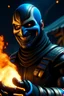 Placeholder: Iranian empire A commander wearing a matte black helmet with flaming eyes with flaming light blue pupils A sporty looking man with a grin on his face while holding Thanos' gloves