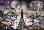 Placeholder: face to the camera in midle one alone human figure with a big map his hands in weird whimsical clothes stands on thin weird bridge , weird whimsical landscape, forest, and Sahara water and rocks,, around surreal cracked painted weird land with some black doors. dark purple, gray, black, white, brown,deep colors. style of Chagall , of Minjae Lee and Tim Burton, absurd beauty. broken, weird bizarre absurd, nightmare, neuron network background, surreal vibe