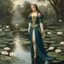 Placeholder: Ophelia, young noblewoman of Denmark, the character in William Shakespeare's drama Hamlet, she is in the outfit of Diana the huntress Greek goddess, she stands in front of a pond full of water lily flowers, her feet in sandals, Hamlet's skull in hand