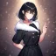 Placeholder: Clear focus, High resolution, fluffy black short hair, dark green eyes, wearing a black sailor uniform and pleated black skirt, fluffy hair, detailed outfit, wearing red makeup