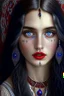 Placeholder: Russian gypsy girl, age 20, beautiful blue eyes, long curvy hair, maroon lips, middle eastern skin, black dots on middle of forehead, innocent look, silver ornaments, portrait, detailed