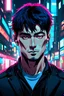 Placeholder: ILLUSTRATION CYBERPUNK HANDSOME CHINESE MAN WITH IMPLANTS AND COLOURED HAIR AND CITY LIGHTS BEHIND HIM