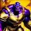 Placeholder: fullbody portrait in oil on canvas of Thanos with Big Golden Hulkbuster armor, intense stare, masterpiece, realistic, intricate detail, sci-fi fantasy style, volumetric lighting, particles, highly detailed ,cinematic , deep colours, 8k, by Kaare Andrew and Robert E Howard and Ken Kelly