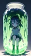 Placeholder: moody anime girl, scared face trapped in a jar with slime, feet point view,