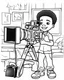 Placeholder: coloring page, depicting a black kid as a camera man, full body, outline, black and white, highly defined, white background, empty background, cartoon style, coloring book style