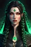 Placeholder: Hexblood warlock female character. Lightly tanned skin. Long straight jet-black hair to the waist. Half-up hairstyle with two loose Dutch braids on each side. Bright glowing pale emerald-red eyes. Delicate face. High cheekbones. Full lips. Soft smile. Slightly pointed ears. Faint dark vine-like markings on neck and collarbone. Black cloak. Realistic dark fantasy. Highly detailed. Cinematic lighting.