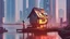 Placeholder: small Wooden Cabin, In cyberpunk city-skyline,