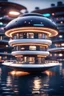 Placeholder: a donut shaped modular house boat that looks like a dark twisted alien space ship with spotlights, in advanced hi tech dock, bokeh like f/0.8, tilt-shift lens 8k, high detail, smooth render, down-light, unreal engine, prize winning