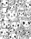 Placeholder: create a 2d black outline, "kawaii anime cats", coloring page, low details design, black contour, coloring page design, coloring page for adults,kawaii cute background, black contour and white space beetween contour, same contour,sketch style, style, minimalist, simple