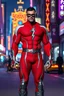 Placeholder: A muscular, athletically built man with extra-short, crew cut, black hair, blue eyes, short, trimmed goatee, standing stoically on the street in the neon lit, futuristic City of Xanadu prime, wearing a long-sleeved, highly textured, red-white-and blue body suit with gray piping that forms to his muscular frame, a silver lightning belt, silver wrist gauntlets, silver, knee-high boots, the symbol of Xanadu on his chest, and a thin black leather bandit eye mask