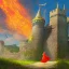 Placeholder: Epic Castle into sky, with flowers of fire. Green clouds and birds. Shy girl going out of the main gate. Detailed painting, sharp color, medieval, intricate detail, far sceen, realistic colors, medieval concept art. spring.