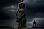 Placeholder: the statue of liberty, dress dirty and torn, her face solemn and terse, trash littered at her feet, she holds a crumpled american flag, she walks away, back to the viewer, under a dark and dreary sky