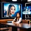 Placeholder: amodern tv studio a beautiful girl perfect face sitting next to desk in talk show looking at camera, with picture of an old man in tv screen at background