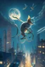 Placeholder: A pedaling cat riding a bicycle is flying at night in the sky over tall buildings.