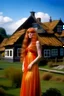 Placeholder: full body and headshot of a skinny Cleopatra, with long wavy ginger hair, in a floaty dress, standing on a village green, with thatched roof cottages behind