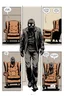 Placeholder: 6 panel page with different images of a man in a gas mask walking around a wingback chair, intimidating, graphic novel