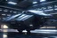 Placeholder: Futuristic hovering racing vehicle docked in futuristic maintenance bay, sharp, aerodynamic, connected to cables, very high detail, mechanical details, science fiction, cinematic