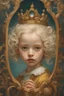 Placeholder: a little girl looking through a magnifying glass, james jean aesthetic, baroque hair, inspired by Gottfried Helnwein, inquisitive. detailed expression, resembling a crown, white - blond hair, portrait of lolita, james jean and fenghua zhong, female investigator, realistic renaissance portrait