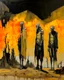 Placeholder: long-legged surreal lean black-grey figures with beak-shaped heads ((wearing overcoat)), profile, semi-silhouettes among ramshackle ruins in a barren landscape of orange, yellow, black and beige colors, intricate acrylic painting