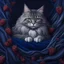 Placeholder: A Main Coon cat gray and white on a midnight blue velvet pillow and wearing a berry bow around her neck. Illustrative art, art interpretation, concept art, cgsociety contest winner, seasonal art, seasonal art HD, 4k, 8k, intricate, detailed, intricately detailed, luminous, translucent fantasy crystal, holographic data, soft body, shadow play, light, fog, atmospheric, cinematic, light film, hyper-detailed, hyper-realistic, masterpiece, atmospheric, high resolution, 8k, HDR, 500px, mysterious and