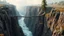 Placeholder: In a fantasy world, a deep gorge with vertical stone sides has a tumultuous river flowing at the bottom. At the top, a very tall straight tree has been felled and lies across the gorge, forming a simple bridge. The scenery is awe-inspiring. Colour photograph