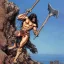 Placeholder: high-angle shot of a [Conan the Barbarian] holing an ((axe)) and standing on a cliff by the sea where monsters fightby Barry Windsor-Smith, extremely detailed face, full-body