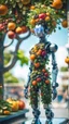 Placeholder: a full body portrait of a vegan hippie fashion cybernetic robotic fruit tree made of living plants in all colors and tasty fruits growing, and having a sentient look in its eyes, like a buddha, on a glass pier cat walk,bokeh like f/0.8, tilt-shift lens 8k, high detail, smooth render, down-light, unreal engine, prize winning