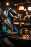 Placeholder: photo of a cobra dressed ankara outfit sitting at a table in a bar with a bar stools, bottle beer, award winning photography, Elke vogelsang, bosozoku outfit, award winner photo