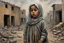 Placeholder: Grey sky, crying little palestinian girl wearing kuffeah , rocks, destroyed buildings , emotional influence, friedrich eckenfelder and willem maris impressionism paintings