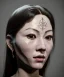 Placeholder: Simetric Realistic image portrait. Sweet woman face traditional japanese porcelain mask. Smooth. Dark ambient. Cold. God light. 4k resolution, intricate details, ornate details, soft lighting, unreal engine 5.