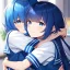 Placeholder: Clear focus,High resolution, Vibrant short blue hair, Vibrant blue eyes, Wearing a sailor uniform, Smiling, Hugging you, Long bangs