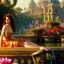 Placeholder: Hyperdetailed oil on canvas, young Rachel Weisz sits by the ornate fountain, goldfish pond, lotus, detailed face, long red curly hair; by gaspar camps, maxfield parrish, alphonse mucha, cyril rolando, dan mumford; luminous colorful sparkles, glitter, airbrush, octane render, volumetric lighting, 16k