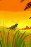 Placeholder: Grasshopper，Rice field，Trees，Warm color palette，Animation