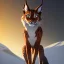 Placeholder: a full body portrait of a humanoid lynx with golden fur in the Norwegian mountains