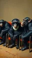 Placeholder: Bosch painting style nightmare, three chimpanzees sitting in a row on chairs , first one is wearing sunglasses, the second one has headphones on his ears, and the third one put a mouth mask on his mouth.