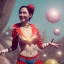 Placeholder: Ultra realistic circus scene. Classic acrobat woman, waist up view, Wes Anderson style, happy, bubbles, highly detailed, concept art, unreal engine 5, god rays, ray tracing, RTX, lumen lighting, ultra detail, volumetric lighting, 3d, finely drawn, high definition, high resolution.