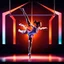 Placeholder: a picture of a gymnast lady show her performance on gymnastic parallel bar in a modern stage made of 3d geometric recursive structures and dynamic color lights