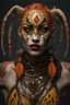 Placeholder: realistic portrait of harley quinn Hyperrealism, Ethereal portrait of a mystical being with tribal features, vibrant orange eyes, reptilian pupils, intricate scale-like patterns around the eyes, pale skin adorned with freckles, tribal tattoo on the nose bridge. Adorned in a weathered yellow tribal mask with dark markings, a central rivet, necklaces of gold, black, and red beads, a rustic red and dark green scarf with intricate designs, and small earrings. Serene expression, intense gaze, desatur