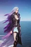 Placeholder: half body shot,realistic portrait of a 20-25 old caucasian model, long blue pink flowing hair, great grey eyes, blue leather jacket,full body, short white skirt,long legs,standing at beach of very nive lake with sunset ,clouds,godrayes