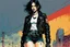 Placeholder: Create and fine print full body illustration of a Goth Girl with finely detailed facial features in a weathered leather jacket adorned with patches from countless encounters, torn black skirt ,battered combat boots, and a riotous assortment of belts and buckles that jingled with every step, in the graphic novel style of Bill Sienkiewicz, and Jean Giraud Moebius, precisely drawn, colored and inked