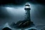 Placeholder: An old grey stone lighthouse, towering ominously against a backdrop of((a small, abandoned wooden lifeboat bobbing in stormy rolling waves))) and a (((dense fog bank)))crawling onto the lighthouse (((a dark, stormy night))) . The structure casts a (mysterious glow) across the churning waters."