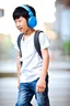 Placeholder: An Asian boy in a white shirt and headphones.