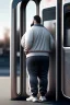 Placeholder: full figure shot back view of a fat guy , timid 45-year-old italian chubby in tracksuit, big buns, at bus stop photorealistic, ambient occlusion, sunlight