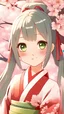 Placeholder: ((close up)) portrait of a beautiful young woman, 1girl, (dreamy big eyes), wearing red kimono, (long white hair), (green eyes), smirk, lips, in a park, under a cherry blossom tree, hair floating in the wind, sunlight, cinematic lighting, ((from below))